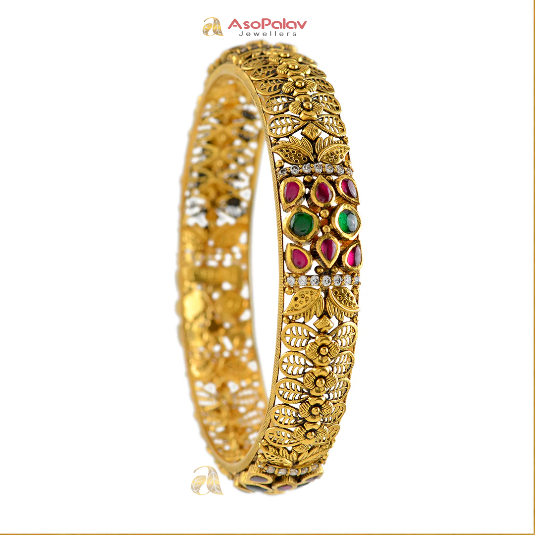 22K Antique Floral Gold Bangles with Ruby Emerald Design