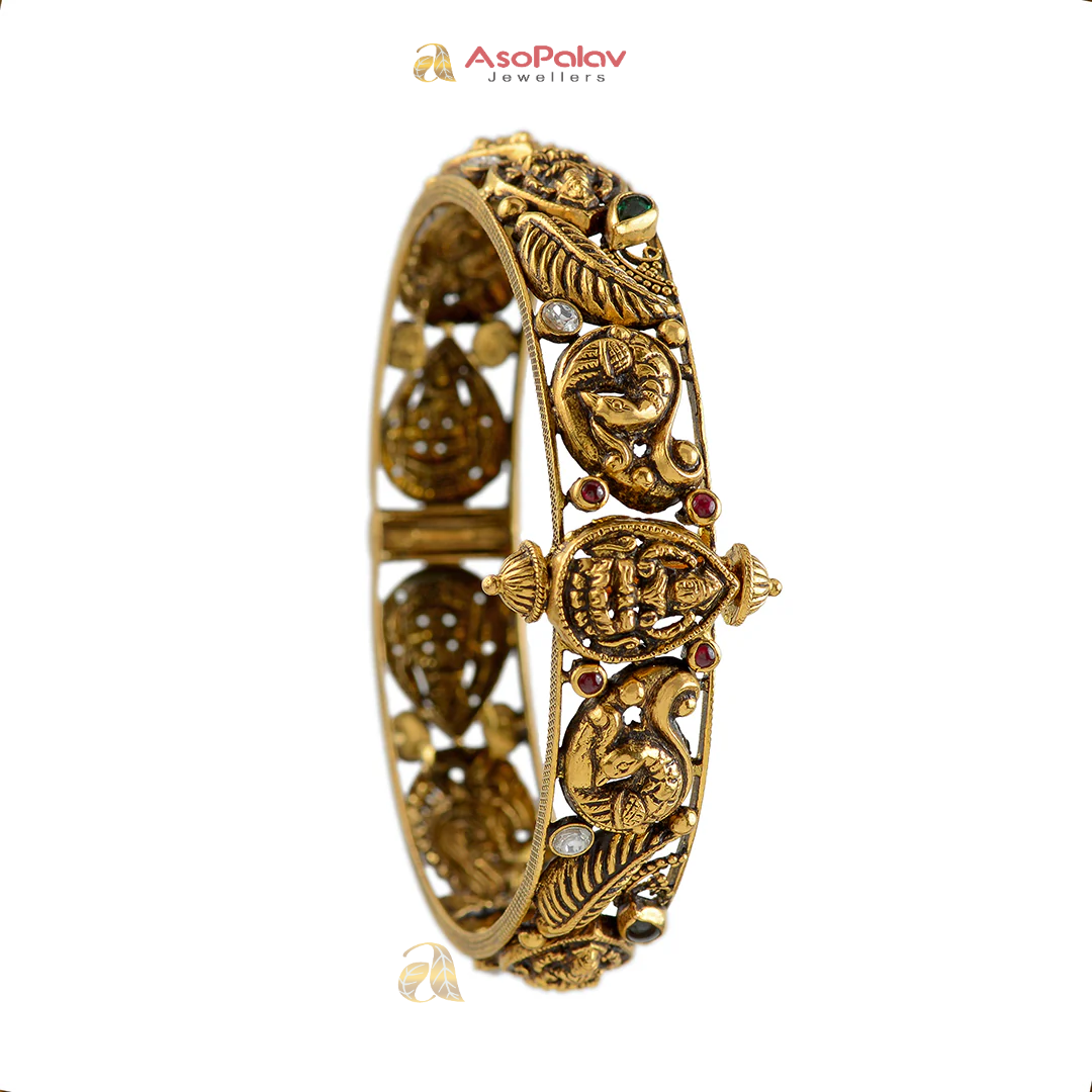 22K Lakshmi Peacock Antique Gold Bangles with Ruby Emerald Accents